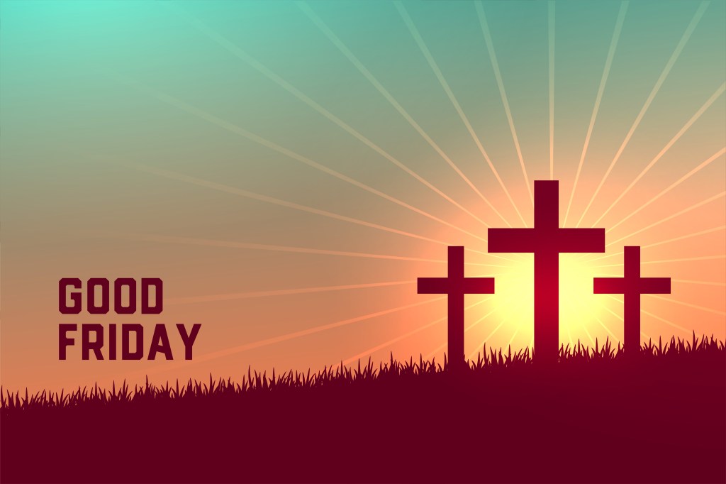 Graphic of three crosses on a hillside 